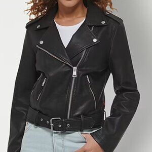 Women's Faux-Leather Belted Hem Moto Jacket XS